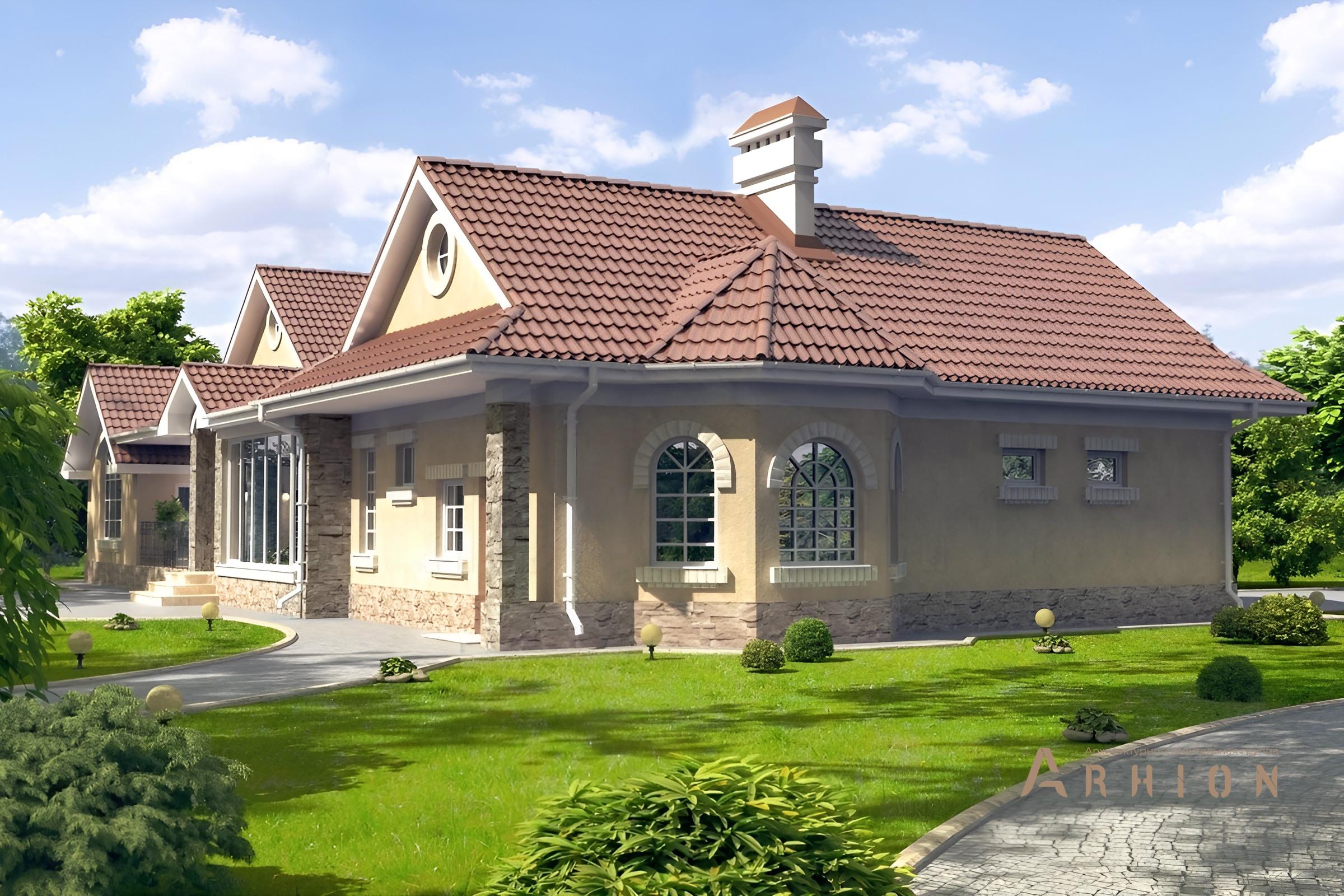 2. Проект одноэтажного дома в современном стиле с многоскатной кровлей, cp-49-95, площадью - 335 кв c гаражом